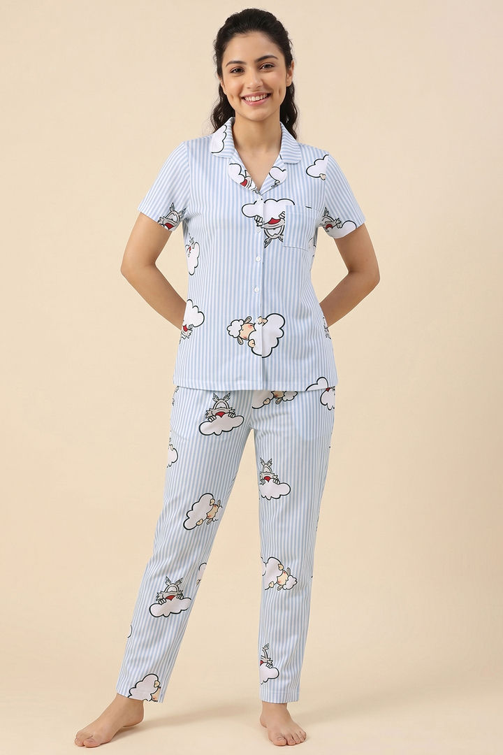 Zivame Farm Lore Knit Cotton Pyjama Set - Chambray Blue — image 2